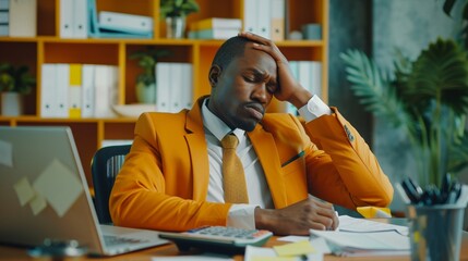 Stressed businessman in vibrant yellow suit slumps at desk, hand on forehead, surrounded by office supplies and shelves, conveying workplace pressure.