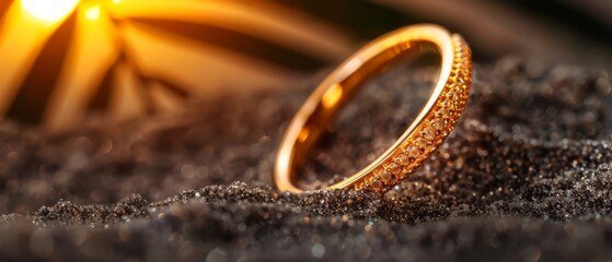  Two wedding rings atop a mound of dark sand, sun beaming behind