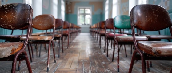 Sticker -  A row of wooden chairs sits atop a hardwood floor Adjacent stands a row of green and brown chairs