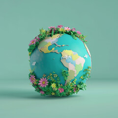 earth globe 3d with flowers around, simple earth on empty background