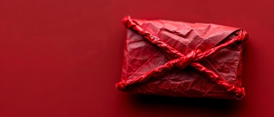 Sticker -  A red origami box with ribbon, ribbon, and origami shape on a red background Red ribbon ties around the box