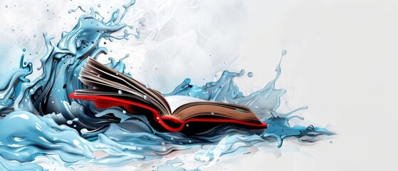 Poster -  A book submerged in water, bottom splashed; a red book suspended within