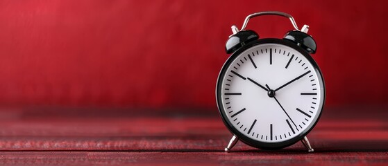 Wall Mural -  A black-and-white clock sits atop a wooden table, near a red wall with a solid red background