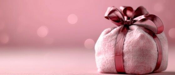 Sticker -  A pink gift bag with a red ribbon against a pink backdrop and a bouquet of lights in the background