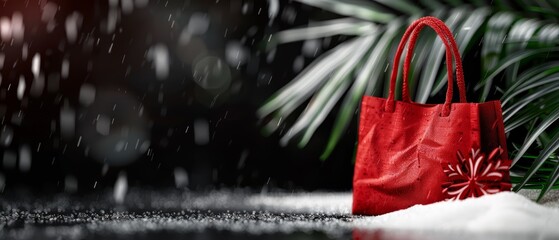 Canvas Print -  A red tote bag atop a snow-covered ground beside a palm tree