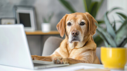 A dog sitting at a desk with a laptop, microphone, and camera setup, creating content 