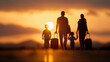 © fotogurme - A family walking towards a border crossing, carrying luggage and looking forward, sunset background