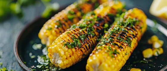 Wall Mural -  Grilled corn on the cob with parsley garnish and lemon wedges as side