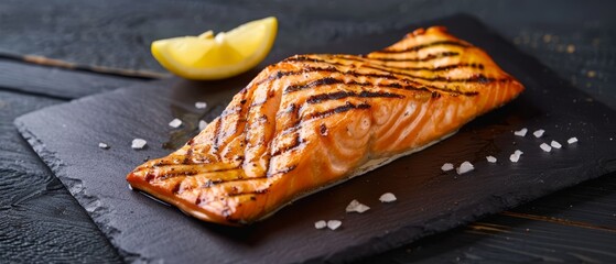 Wall Mural -  A salmon slice atop a cutting board, accompanied by a lemon slice on a black plate