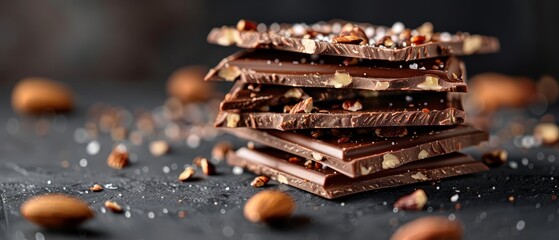 Poster -  A stack of chocolate bars, each atop the other, surrounded by almonds on a black surface