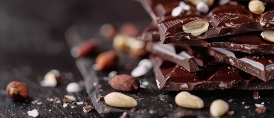 Canvas Print -  A tight shot of a chocolate heap, studded with nuts and almonds, against a black surface and dark background