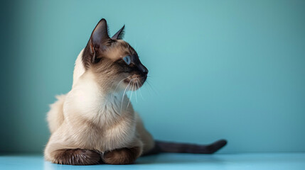 Wall Mural - Right-facing Siamese cat seated on a blue background, portraying elegance and tranquility.