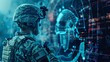 © Maria Mikhaylichenko - Futuristic military technology: soldier interfacing with holographic display, merging physical and digital warfare in a high-tech combat environment.