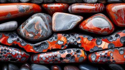 Poster -  A mound of red and black rocks adjacent to a heap of black and white rocks