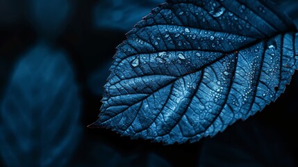  A close-up of a blue leaf with water drops on its tip