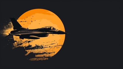 Canvas Print -  A fighter jet silhouette flies against an orange sun on a grungy black-orange background