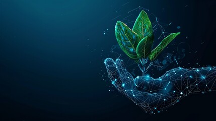 Wall Mural - Digital hand nurtures virtual plant, symbolizing technology's role in environmental sustainability. Futuristic blend of nature and network.