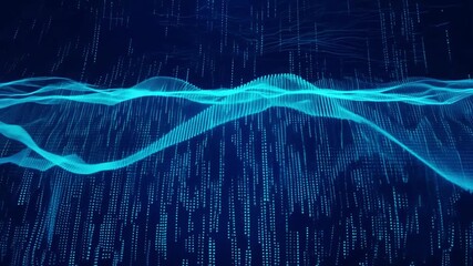 Fototapete - A blue wave of digital particles moves across a dark background.