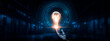 © AD - NLP (Natural Language Processing): Language understanding, text analysis, hand of robotic holding glowing NLP in light bulb on big data processing, machine learning, innovation and technology.