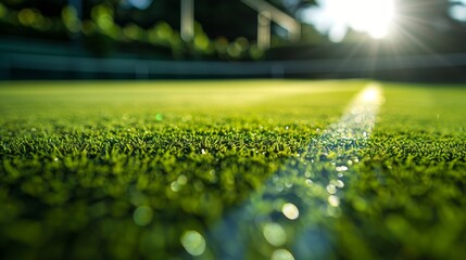 Sunlight illuminates pristine grass on a sports field, creating a mesmerizing play of light and shadow. Close-up view reveals the texture of each blade, evoking anticipation of the game.