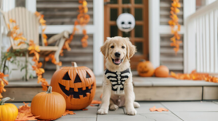 Poster - Adorable dog in a skeleton costume, standing next to a carved pumpkin with a spooky face, surrounded by Halloween decorations 