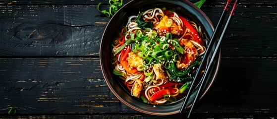 Sticker -  A wooden table holds a bowl of noodles topped with vegetables Chopsticks rest beside the bowl, ready for use