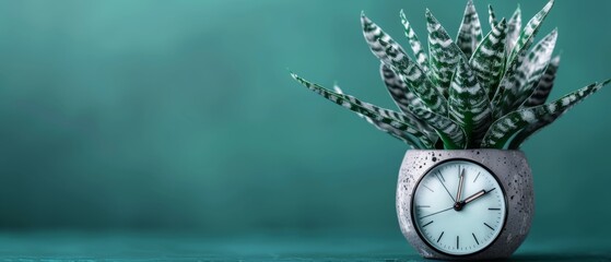 Wall Mural -  A clock atop a table, beside a potted plant in a vase