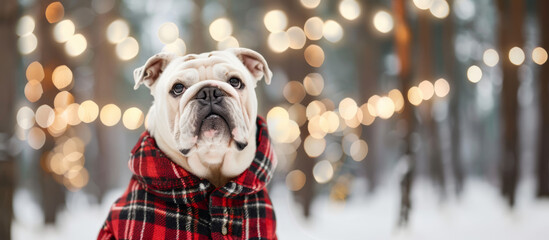 Canvas Print - Bulldog in a cozy plaid winter coat, surrounded by snow-covered trees and festive lights 