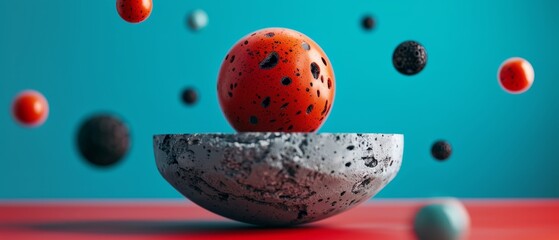 Sticker -  A tight shot of an egg in a bowl against a scarlet background, surrounded by black and white speckles