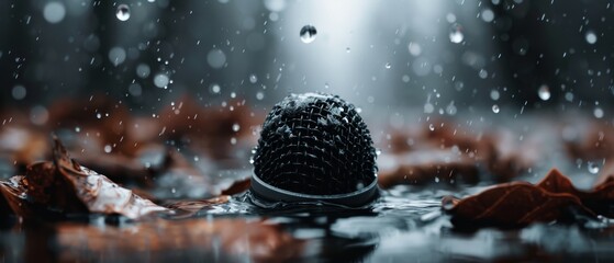 Poster -  A monochrome image of a microphone standing in a puddle, surrounded by fallen leaves