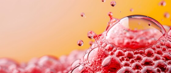 Poster -  A red liquid with close-up drops of water and yellow background..Or:..Close-up of red liquid with yellow background, adorned with water drops