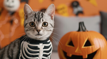  Cat in a skeleton costume, standing next to a carved pumpkin with a spooky face, surrounded by Halloween decorations 