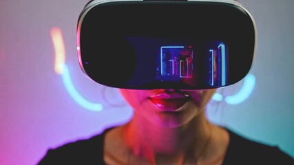 Aufkleber - A woman wearing a VR headset looks towards the camera as she experiences virtual reality. The room is lit with vibrant neon lights.