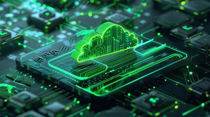 Futuristic isometric green cloud computing and blockchain technology