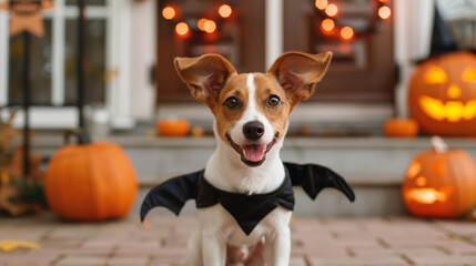 Poster - Cute dog wearing a bat costume, with wings spread, standing on a porch decorated with spooky Halloween lights and jack-o'-lanterns 