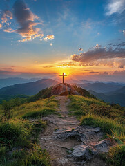 Wall Mural - A cross on a hill with a beautiful sunset in the background, perfect for inspirational or spiritual content.