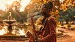 © Raul - A saxophonist in a stylish outfit plays soulful jazz music in a serene park during sunset.