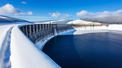 Sticker - Dam in winter with snow-covered surroundings, partially frozen reservoir, cold and crisp day 