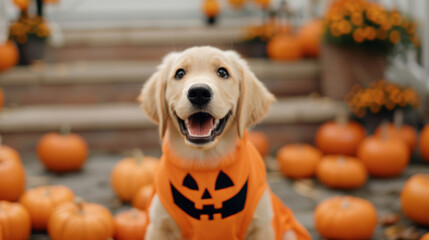 Wall Mural - Dog in a pumpkin costume, sitting among a patch of pumpkins, with a happy expression, Halloween decorations in the background 