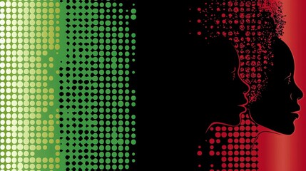 Vibrant digital art featuring two female profiles in red and green with a dotted pattern background.