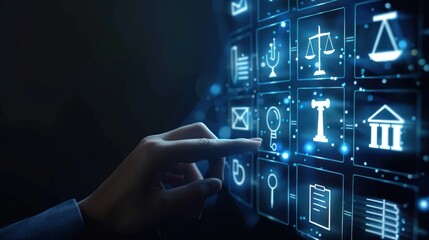 businessman's hand touching legal gavel on virtual screen