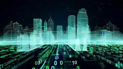 Sticker - A digital cityscape is rendered with glowing green lines on a black background. Binary code appears below the city, representing the digital nature of the scene.