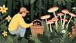© fotogurmespb - Mushroom foraging basket with different species, person kneeling and picking, dense forest and undergrowth