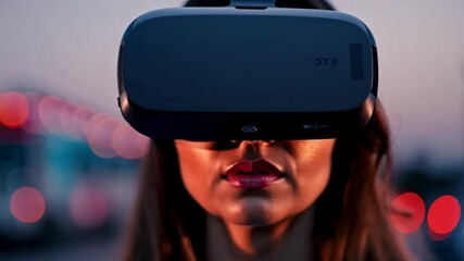 Poster - A woman with dark hair is wearing a VR headset and looking intently into the virtual world. The background is blurred, suggesting an urban environment with bokeh lights.
