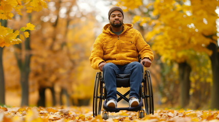 Sticker - Person in a wheelchair enjoying a scenic autumn park, colorful leaves on the ground, crisp air, joyful expression 