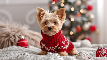 Wall Mural - Small dog wearing a knitted winter dress, sitting on a blanket with snowflakes and holiday ornaments around 