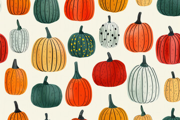 Poster - Some simple retro color pumpkins, linear drawing of shapes, tiled, seamless design 