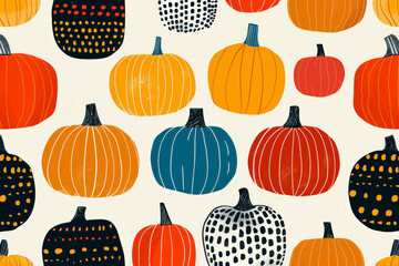 Some simple retro color pumpkins, linear drawing of shapes, tiled, seamless design 