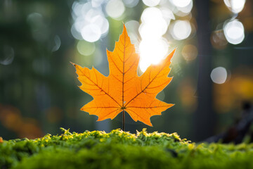 Canvas Print - Sunlight filters through a solitary maple leaf its vibrant autumn hues stark against New Englands mossy forest floor 