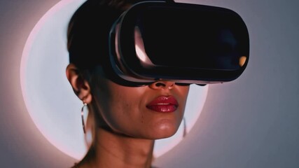 Aufkleber - A woman wearing a VR headset looks off to the side, experiencing a virtual world.